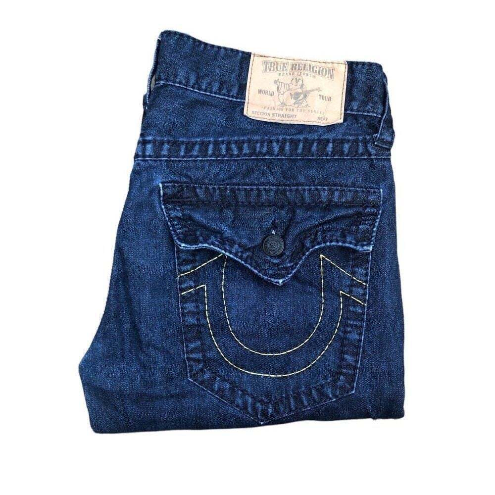 Rare True Religion Jeans Size 34 STRAIGHT Yellow Stitch Blue
